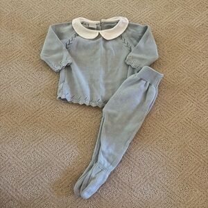 Pepa London Blue Knit Sweater White Collar and Matching Pants w Footies 6 Months